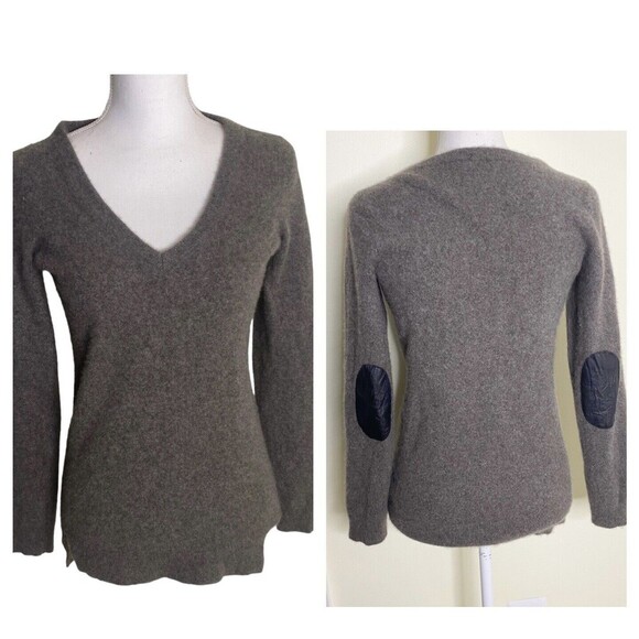 Aqua Sweaters - AQUA Brown Knit Cashmere Sweater Leather Elbow Patch V Neck Women Medium Brown